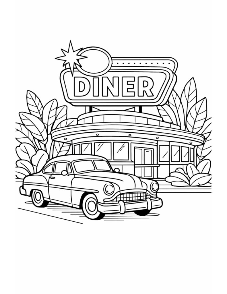 classic car parked at diner coloring page with a retro diner sign and vintage vehicle illustration coloring page