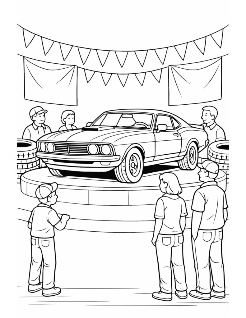 classic car show display coloring page with a vintage car on a stage and people watching coloring page