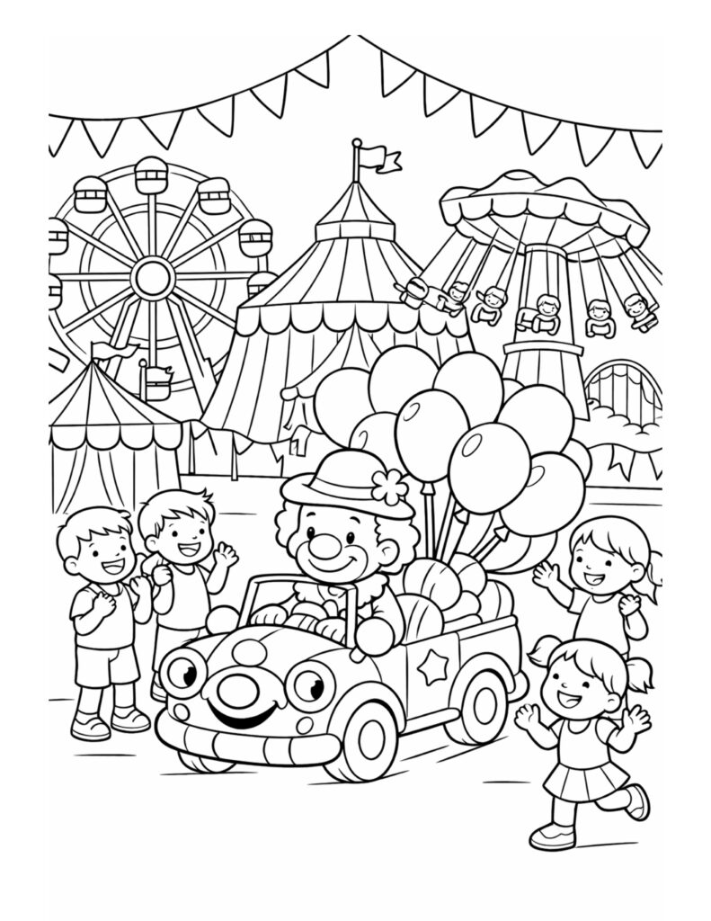 clown driving balloon car coloring page with smiling kids, carnival tents, balloons, and rides coloring page