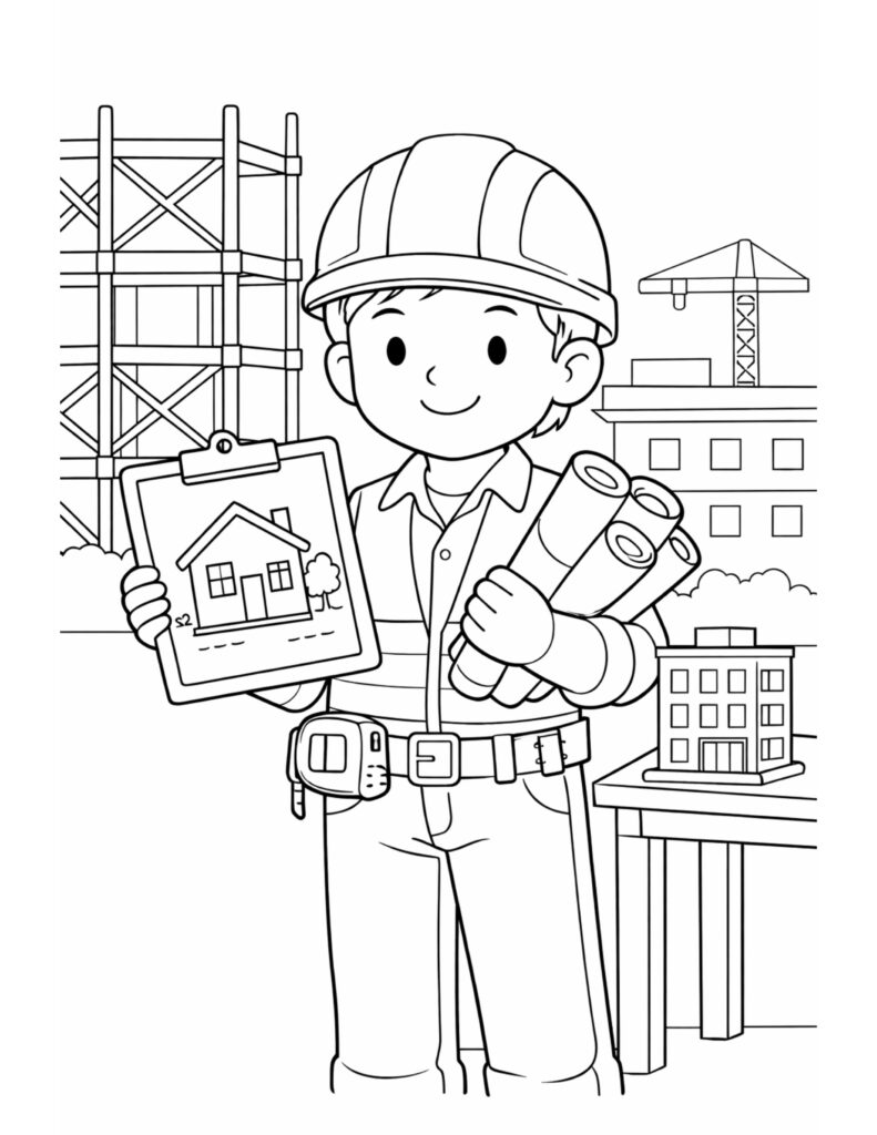 construction worker holding blueprints coloring page with a smiling builder in a hard hat and rolled plans coloring page