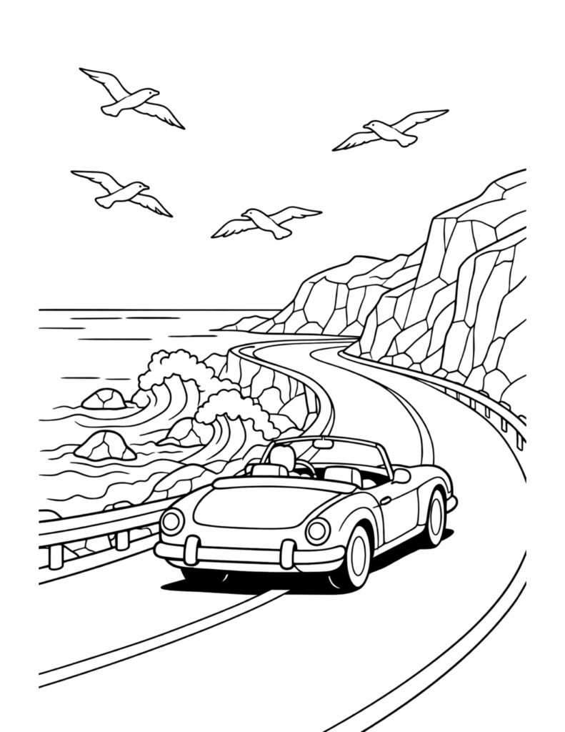 convertible car driving coastal road coloring page with ocean waves, cliffs, and birds coloring page
