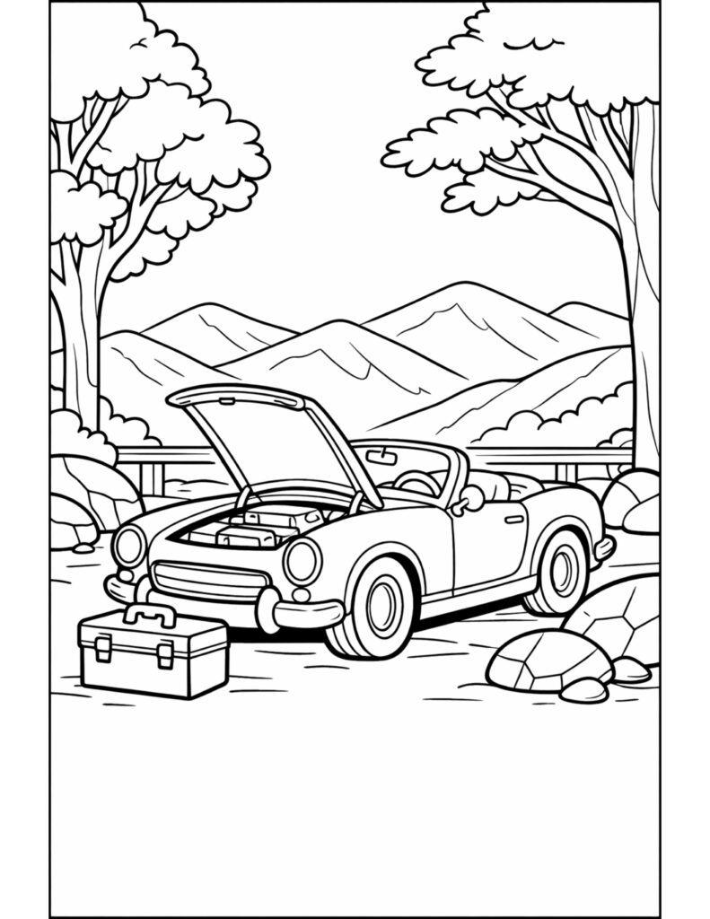 convertible car with open hood coloring page by a scenic mountain road with trees and a toolbox coloring page