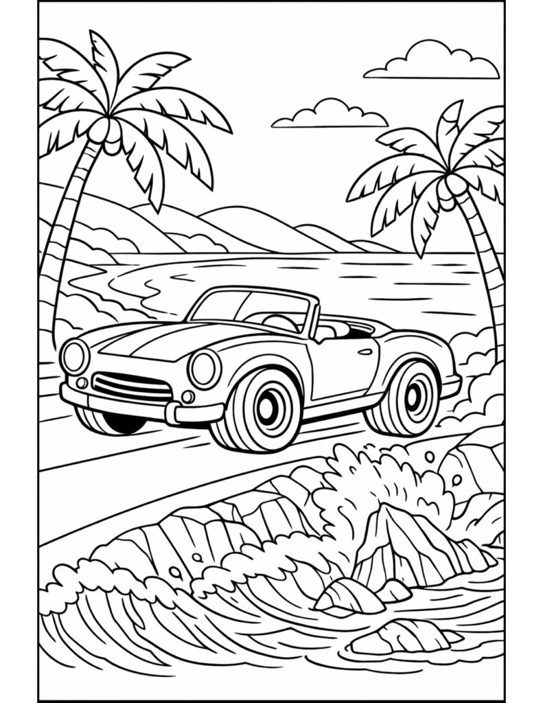 convertible cruising tropical coast coloring page by palm trees above ocean waves and rocks coloring page