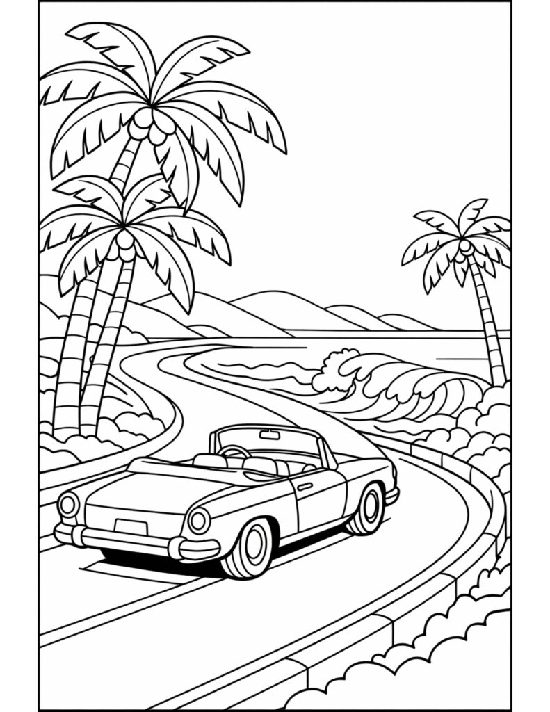 convertible on coastal road coloring page featuring palm trees, ocean waves, and a curving seaside road coloring page