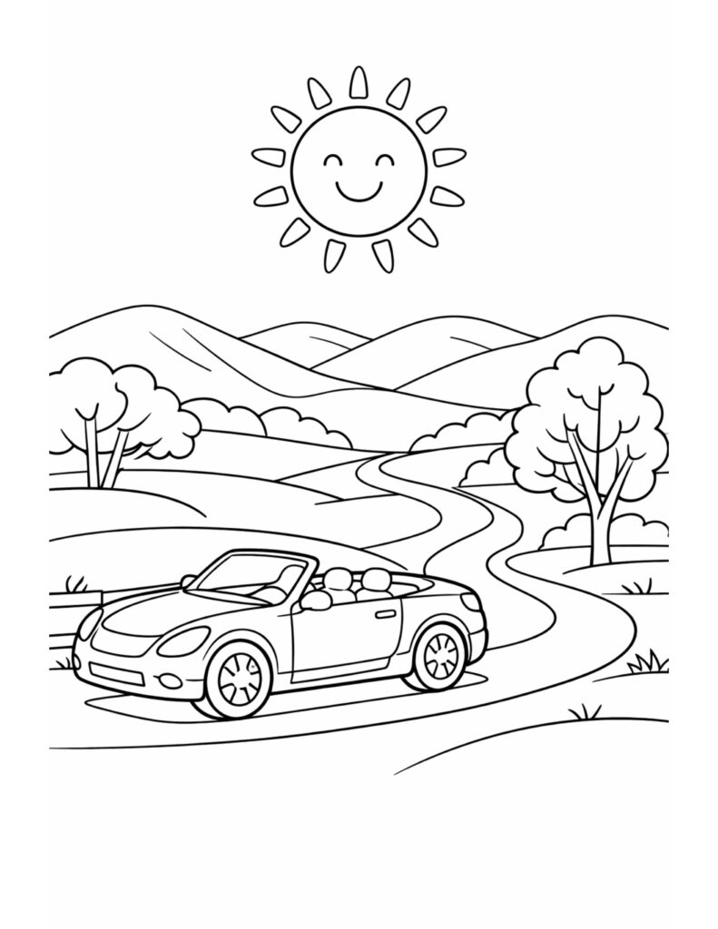 convertible on winding country road coloring page with smiling sun hills and trees coloring page