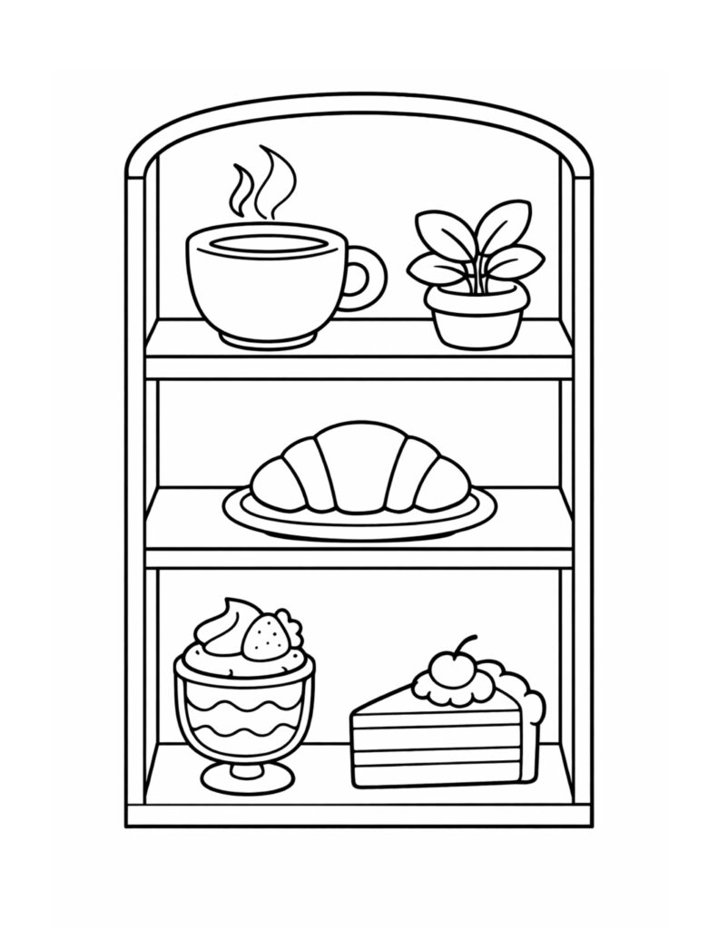 cozy dessert shelf display coloring page with a steaming cup, croissant, plant, and cake slice coloring page