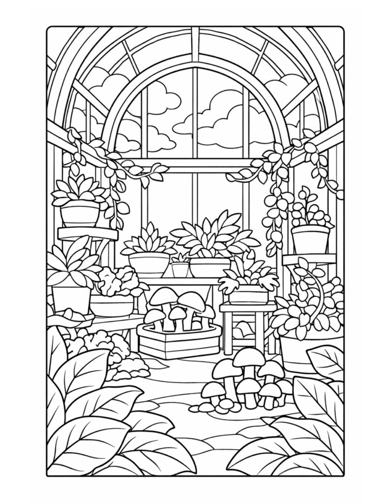 cozy greenhouse mushroom corner coloring page with potted plants, arched window, and mushrooms coloring page