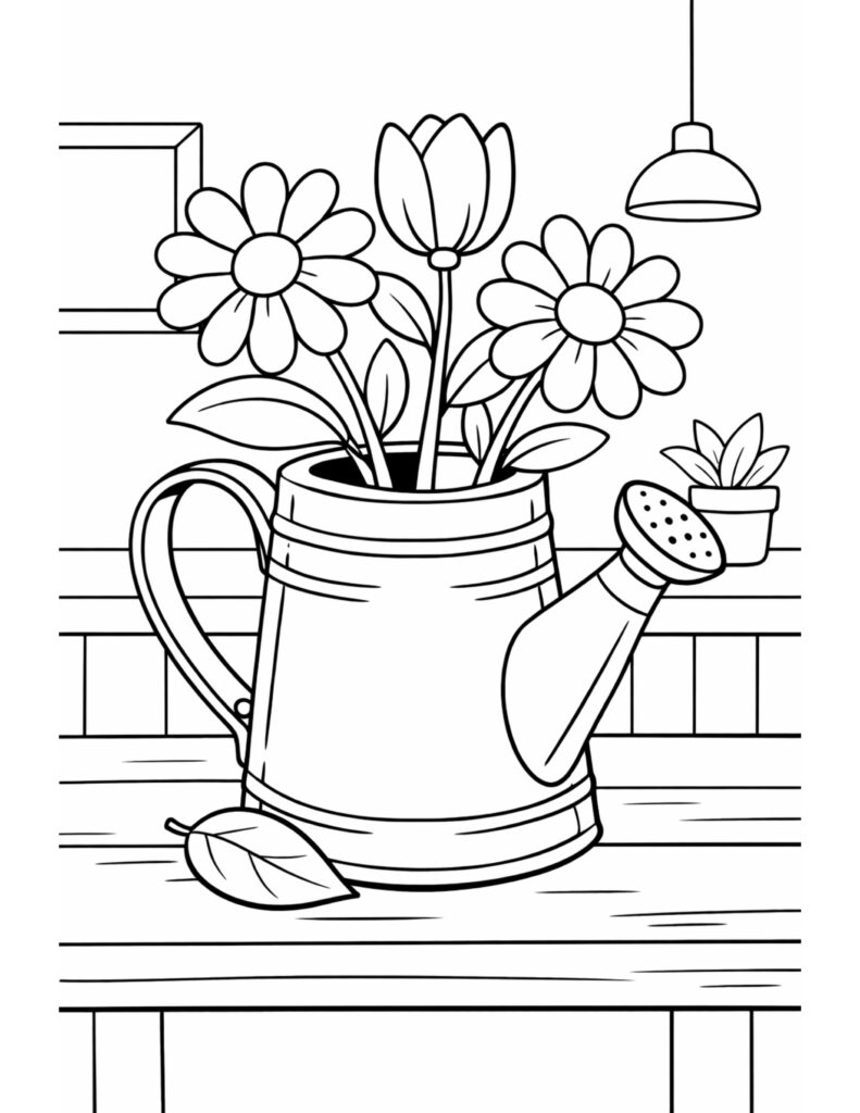 watering can flower coloring page with daisies and tulip on a wooden table cozy interior scene