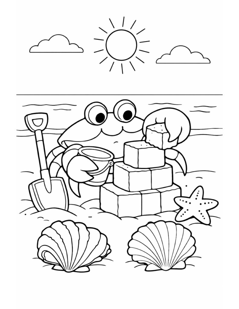 crab building sandcastle on beach coloring page with a shovel, bucket, shells, and a starfish coloring page