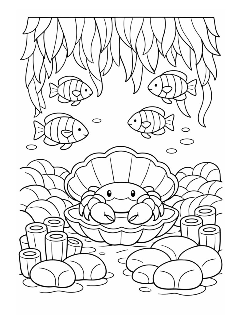 crab inside an open shell coloring page with smiling crab underwater scene coloring page