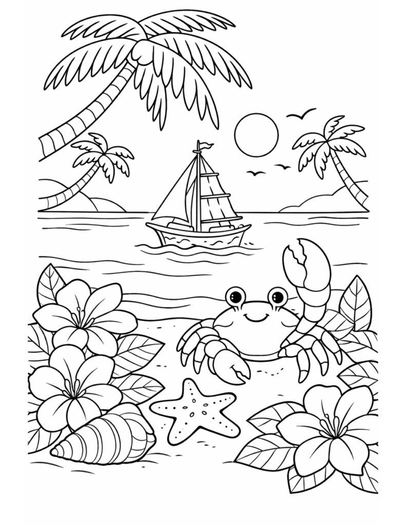 crab waving at sailboat coloring page with a smiling crab on sand, sailboat, palm trees, sun, and flowers coloring page