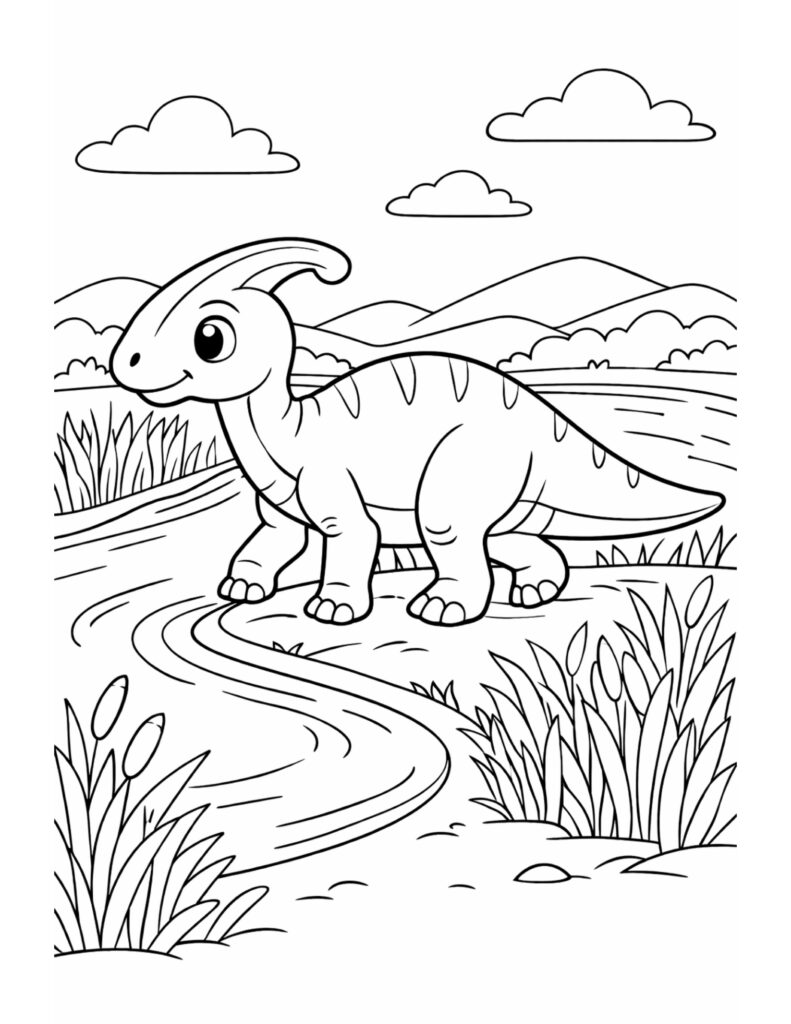 crested dinosaur by winding river coloring page with tall grass, clouds, and hills coloring page