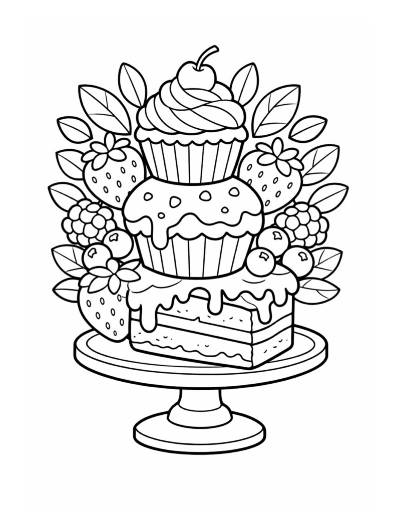 cupcake stack with berries coloring page featuring layered cupcakes on a dessert stand with fruit and leaves coloring page
