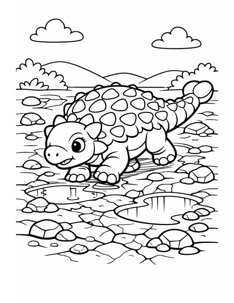 cute ankylosaurus walking through puddles coloring page with rocks shallow water and hills coloring page