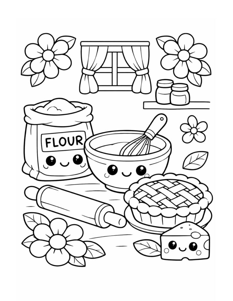 cute baking table with pie coloring page showing smiling kitchen tools and cozy baking scene coloring page