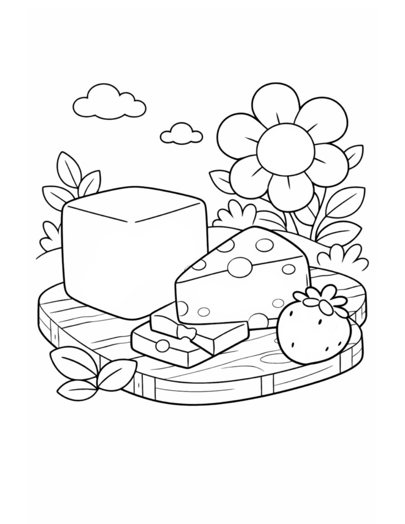 cute cheese board picnic coloring page with cheese slices flowers and cozy outdoor scene coloring page