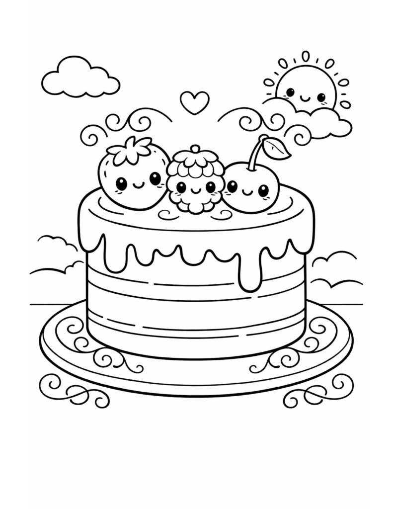 cute fruit cake smiling coloring page with adorable fruits on top and a happy dessert scene coloring page