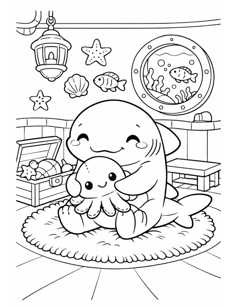 cute shark hugging octopus coloring page with a cozy underwater room scene coloring page