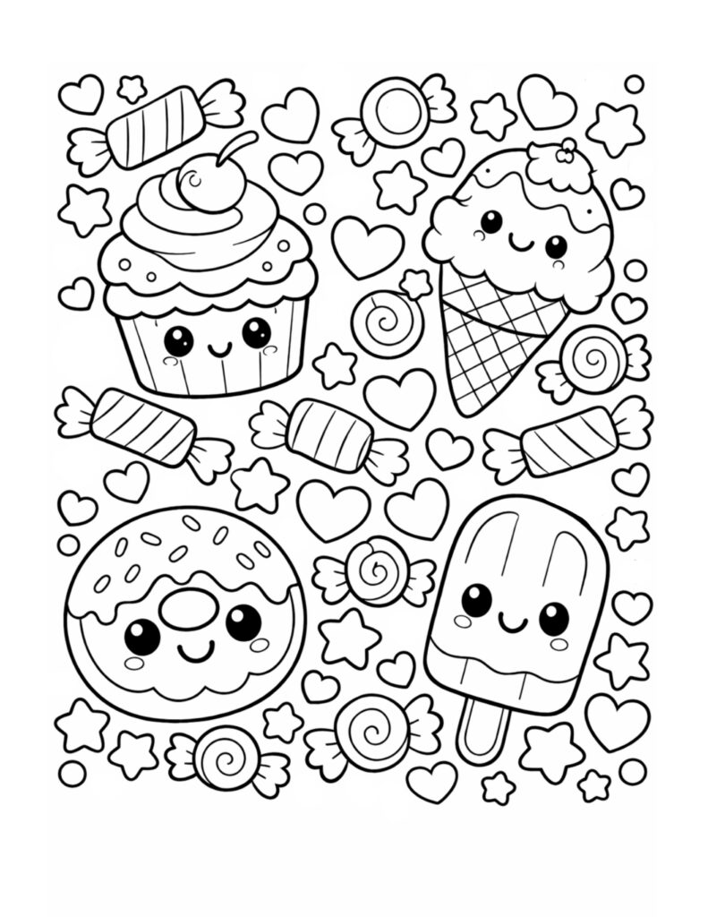 cute sweets with hearts coloring page featuring cupcake donut ice cream and popsicle surrounded by hearts and stars coloring page