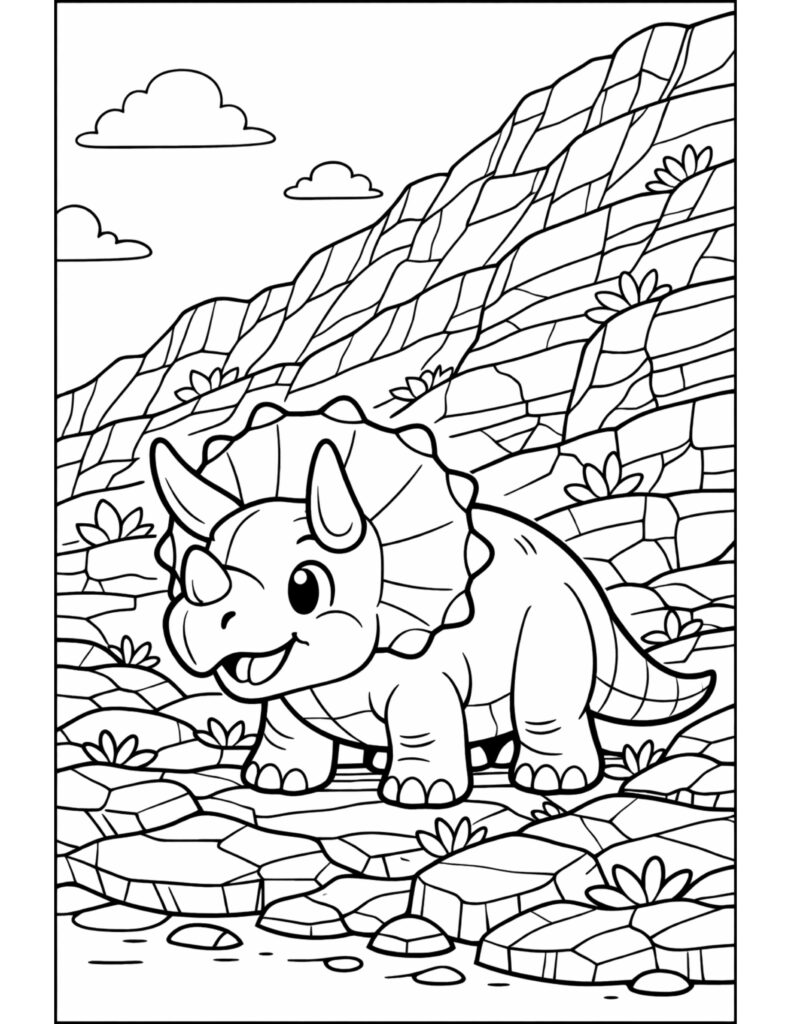 cute triceratops in rocky canyon coloring page with a smiling dino, layered cliffs, and plants coloring page