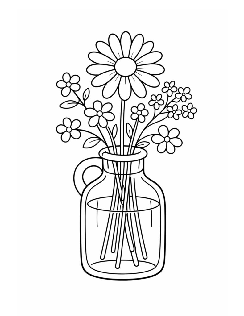 daisies in a mason jar coloring page with a large daisy, small blossoms, and visible stems in glass coloring page