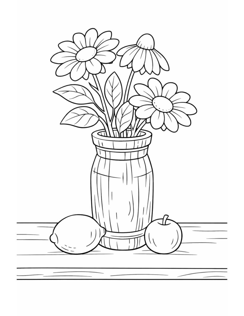 daisies in jar with fruit coloring page showing a rustic jar vase, daisies, a lemon, and an apple coloring page