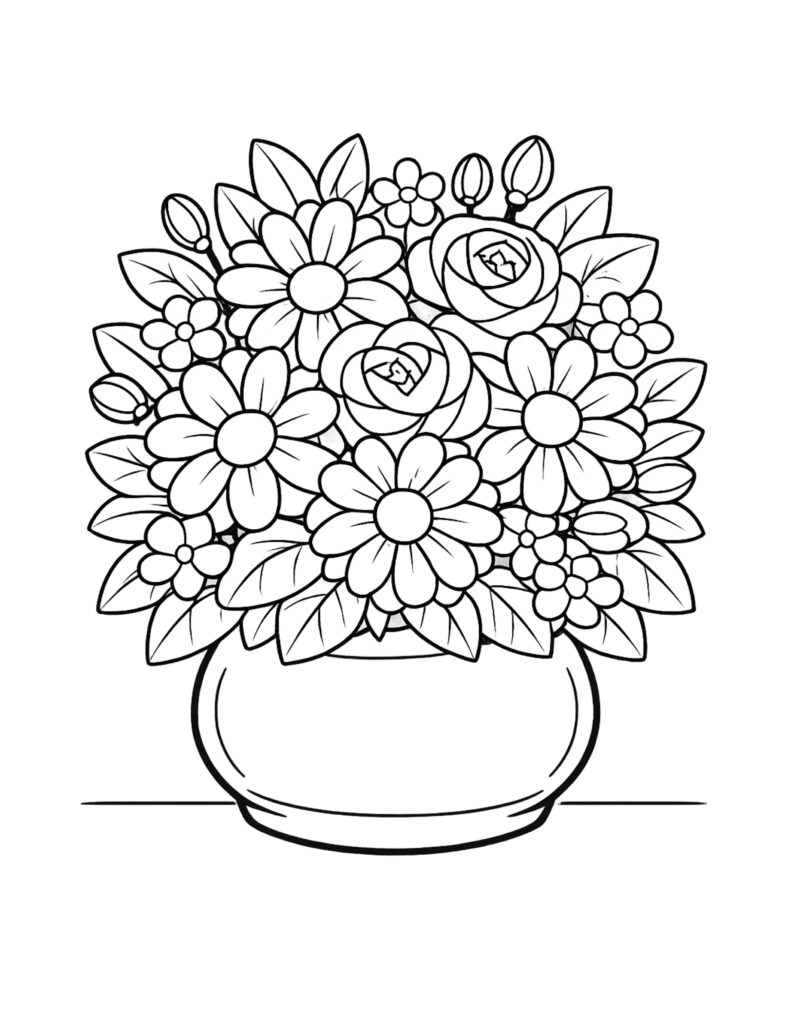 daisy and rose bowl bouquet coloring page with a round vase packed with flowers and leaves coloring page