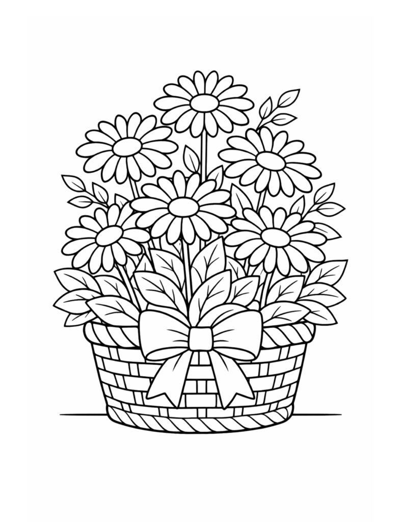 daisy basket with bow coloring page featuring a woven basket, big leaves, and layered daisies coloring page
