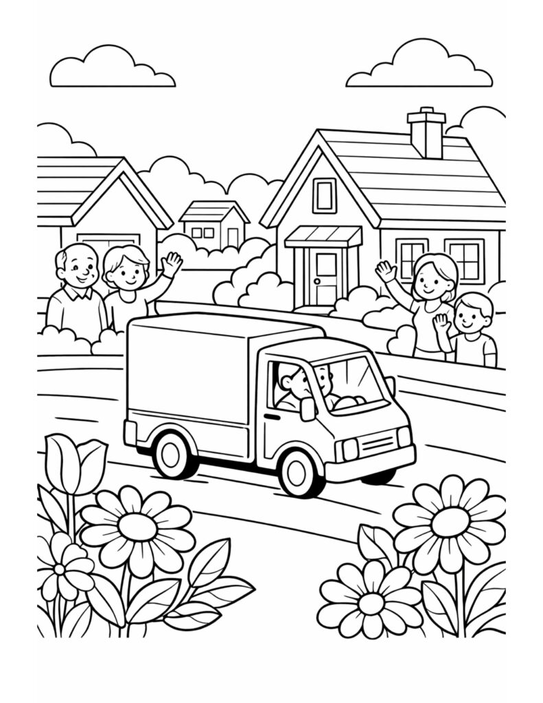 delivery van passing waving neighbors coloring page with a neighborhood street, houses, clouds, and big flowers coloring page