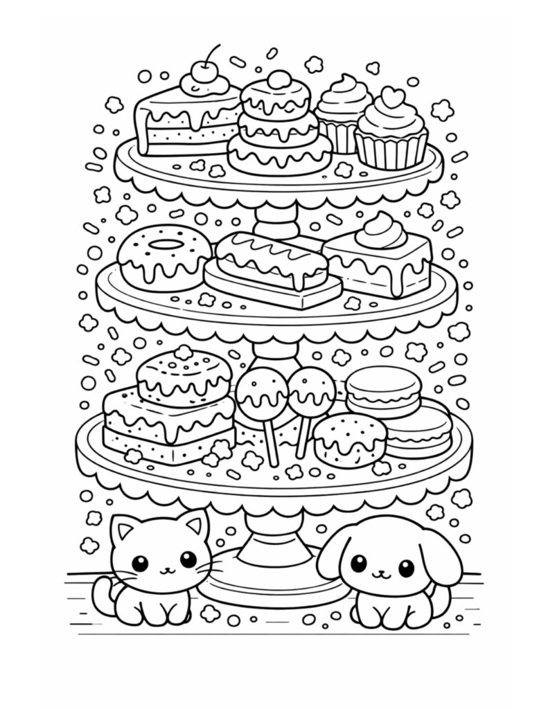 dessert stand with cat dog coloring page with a tiered treat display, cupcakes, donuts, and sprinkles coloring page