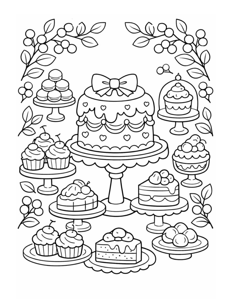 dessert table with decorated cake coloring page featuring cakes cupcakes and pastries on stands coloring page