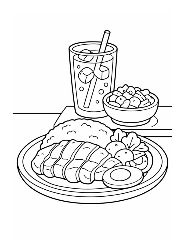 dinner plate with iced drink coloring page with rice, sliced entrée, veggies, and a straw cup coloring page