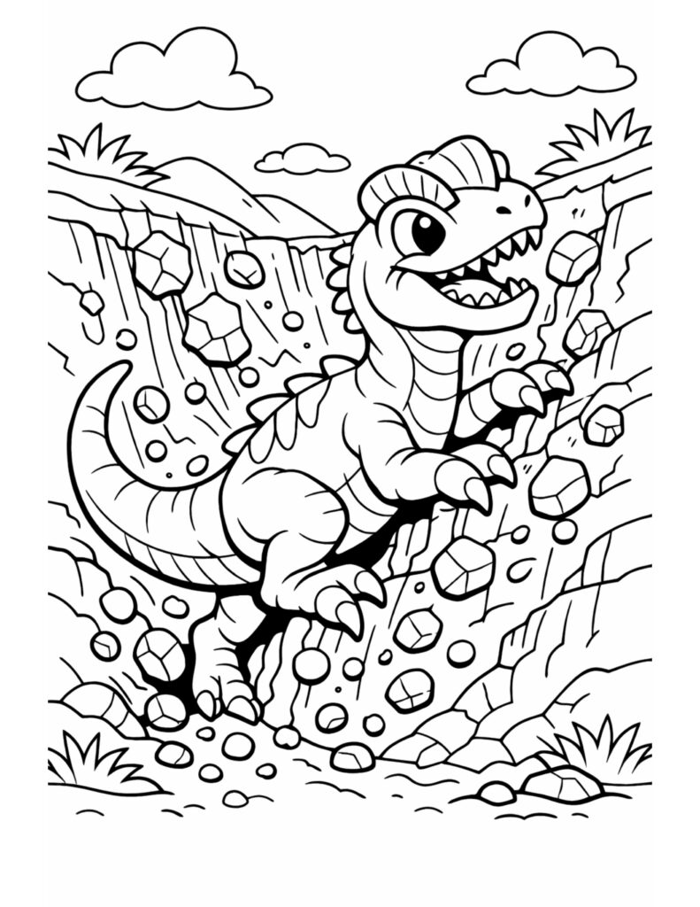 dinosaur climbing rockslide cliff coloring page showing a grinning dinosaur on a steep rocky slope with falling stones coloring page