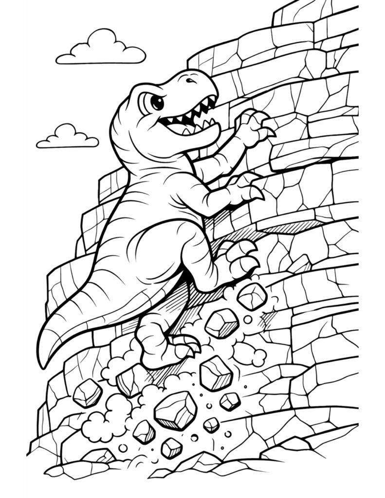 dinosaur climbing rocky cliff coloring page showing a strong dinosaur scaling a stone wall coloring page