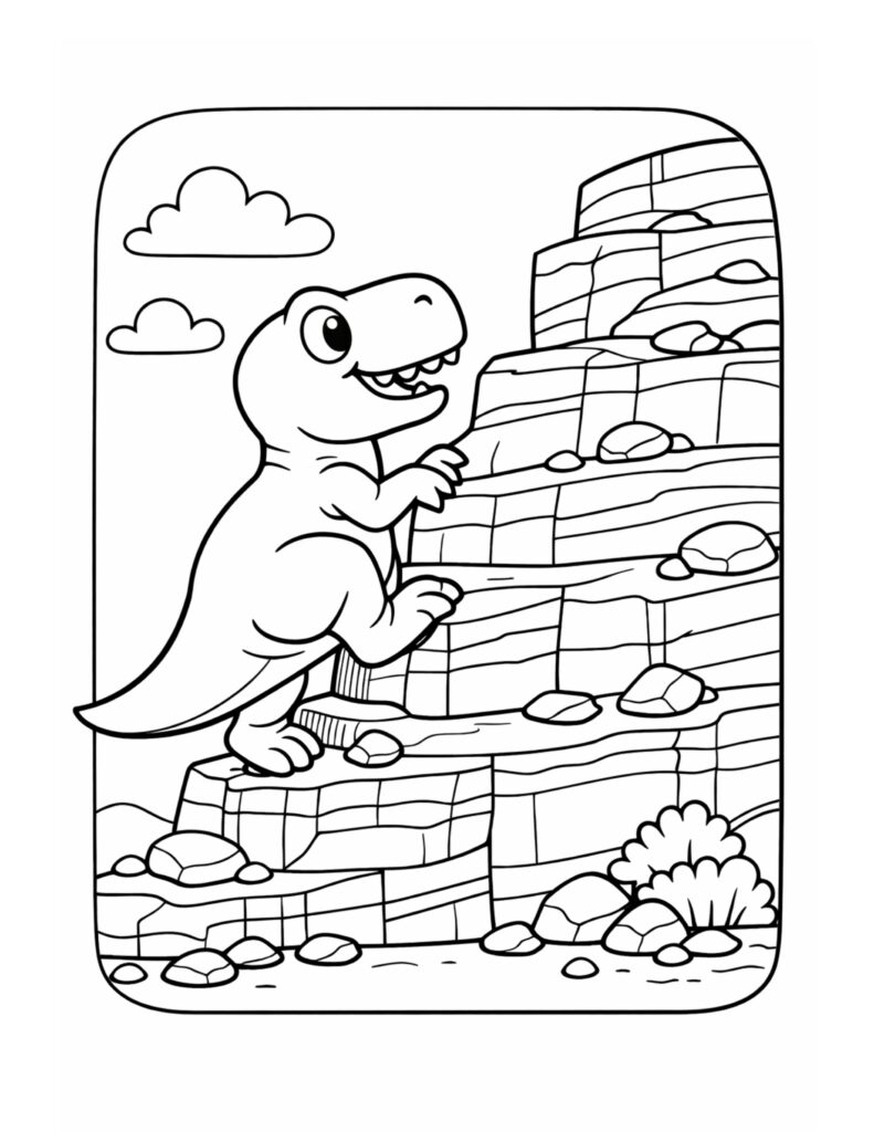 dinosaur climbing rocky cliff coloring page with layered canyon rocks and clouds coloring page