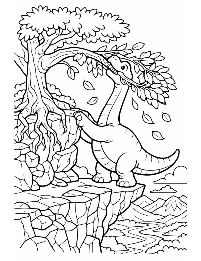 dinosaur eating tree leaves coloring page with a cute long neck dinosaur reaching a leafy branch on a cliff coloring page