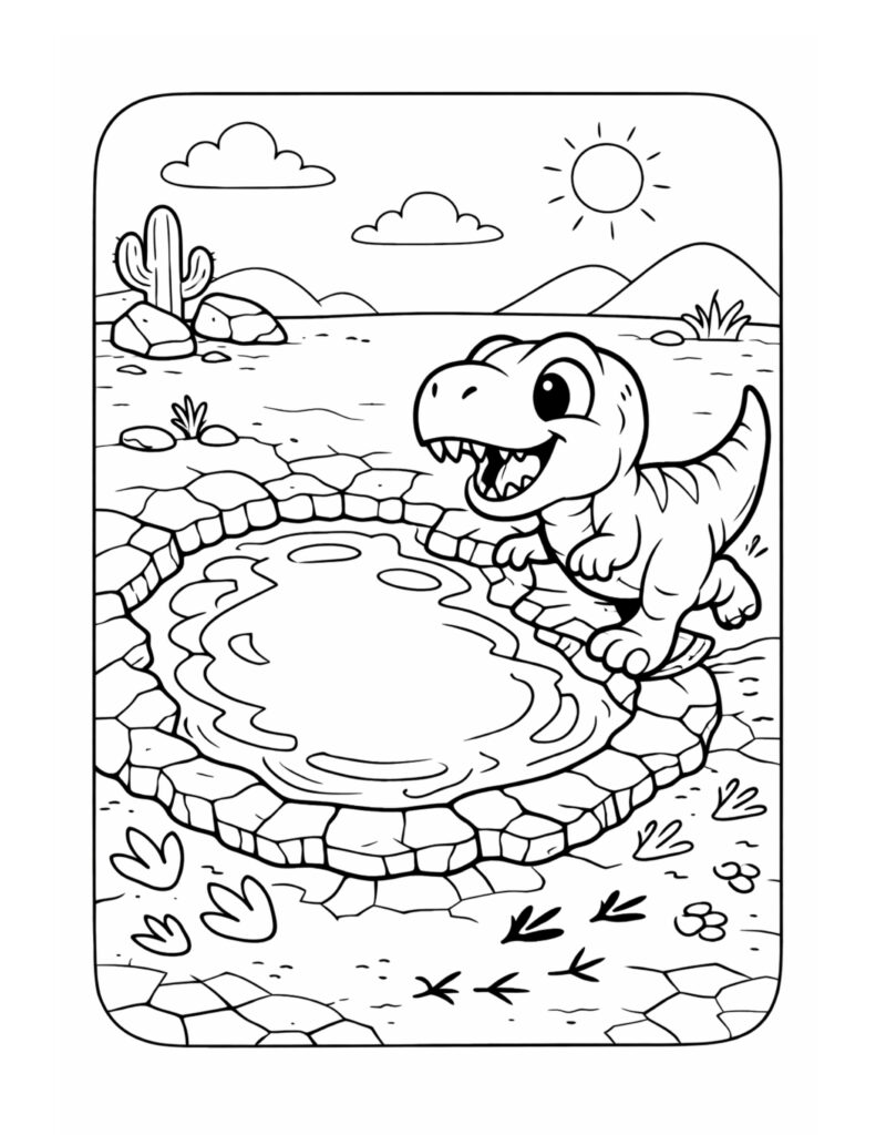 dinosaur running around desert pond coloring page showing a smiling dinosaur near water in a desert scene coloring page