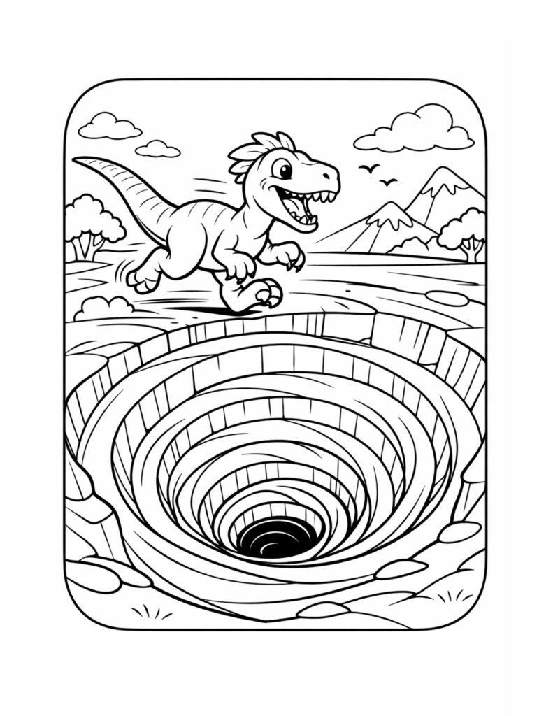 dinosaur running near a sinkhole coloring page showing a fast dinosaur by a huge spiral pit with mountains coloring page