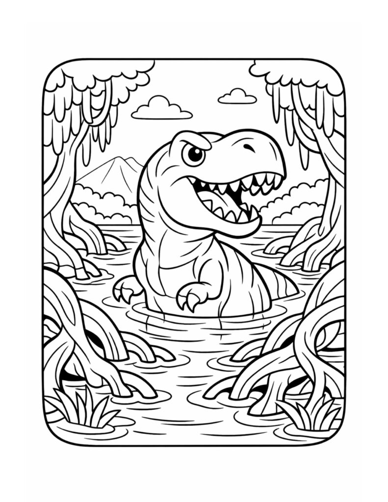 dinosaur splashing in swamp water coloring page with a smiling dino in rippling water among swamp trees coloring page