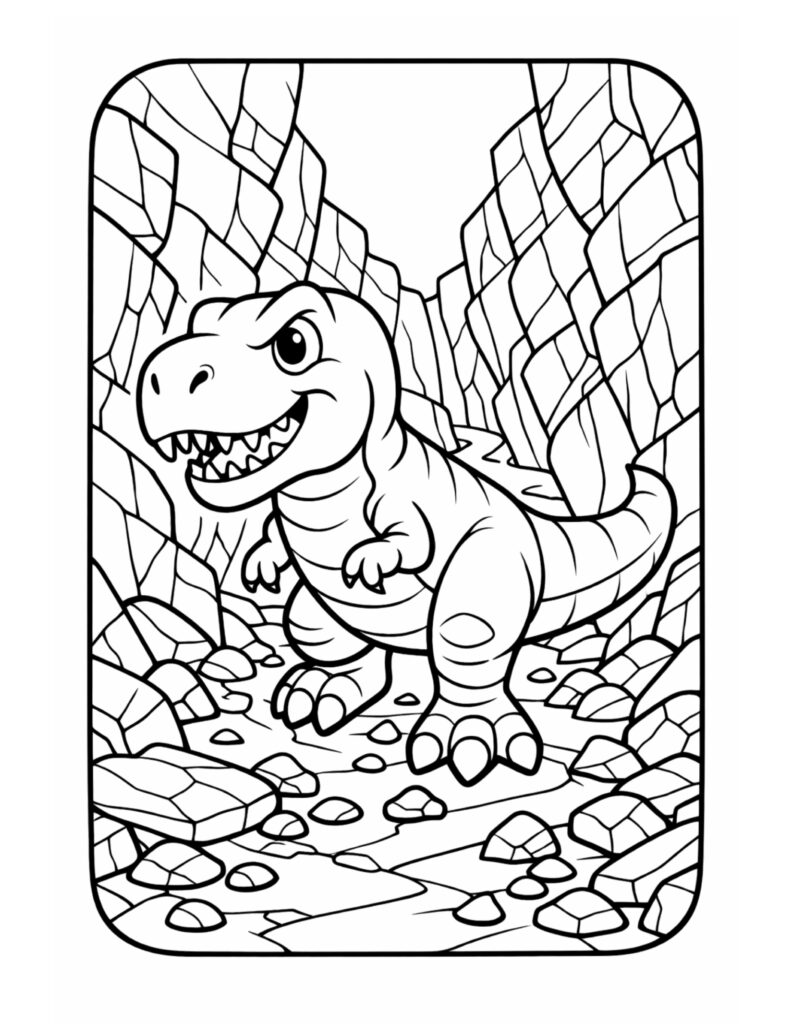 dinosaur standing in rocky canyon coloring page with a smiling dinosaur surrounded by stone walls