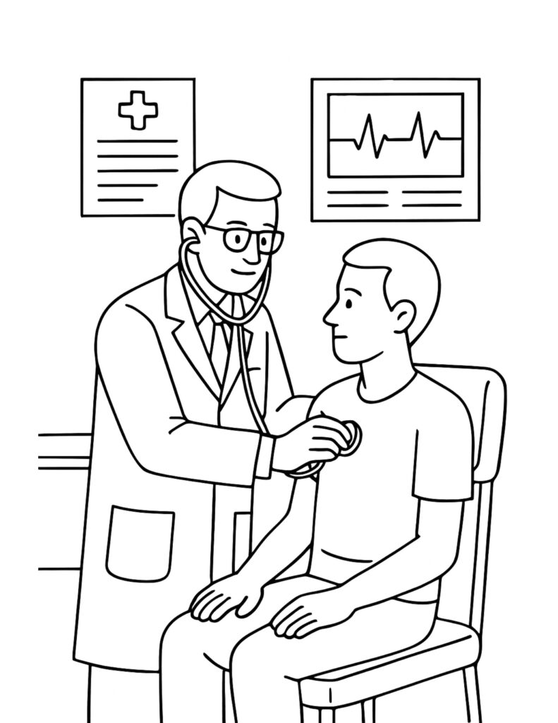 doctor examining patient with stethoscope coloring page showing a calm clinic checkup scene coloring page