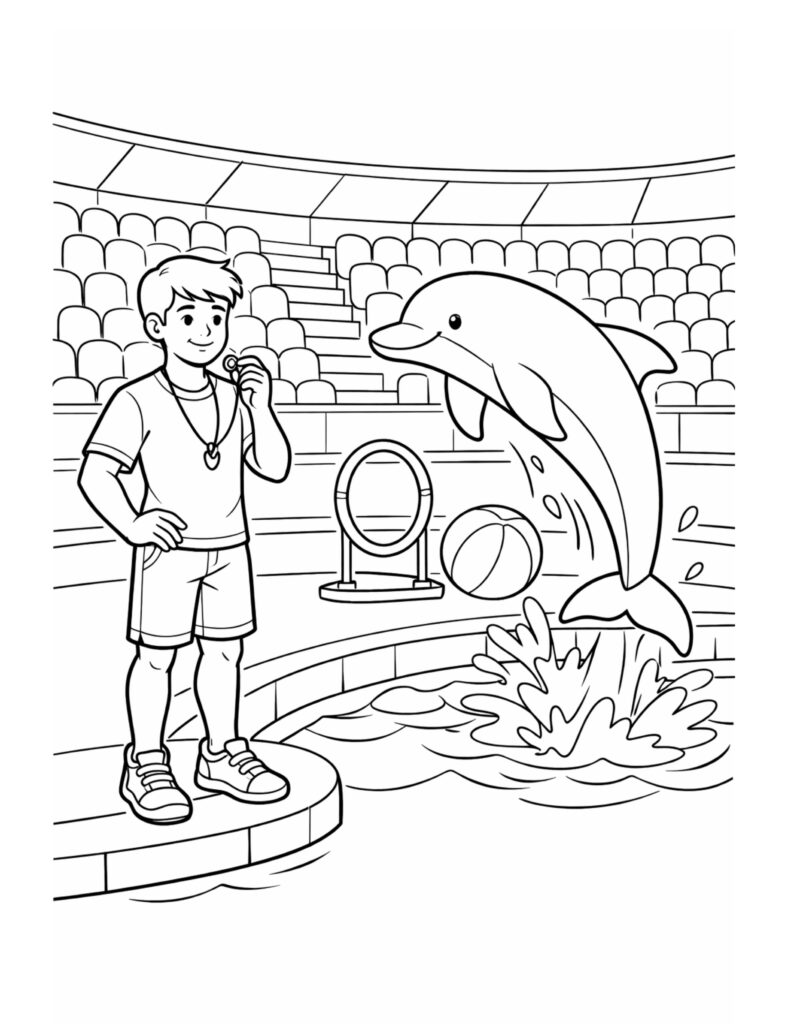 dolphin jumping with beach ball coloring page featuring a trainer, hoop, and pool splash coloring page