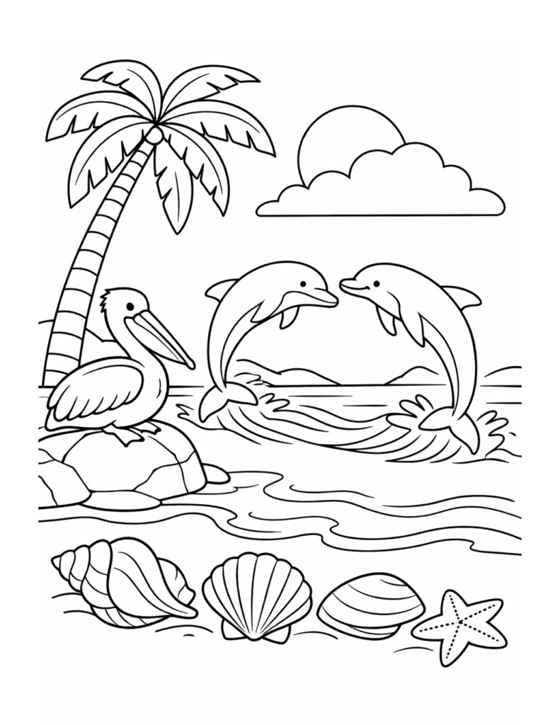dolphins jumping near pelican coloring page with a palm tree, seashells, sun and gentle waves coloring page