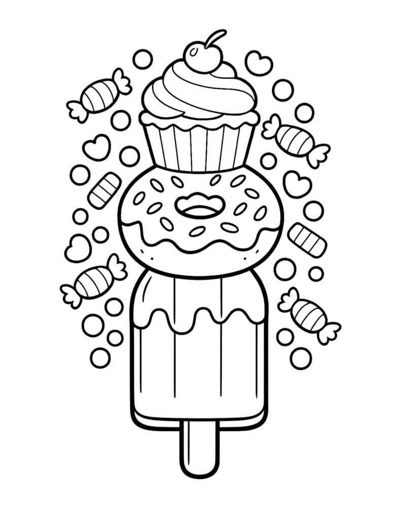 donut popsicle with cupcake topping coloring page, stacked donut and cupcake swirl with cherry and candies coloring page