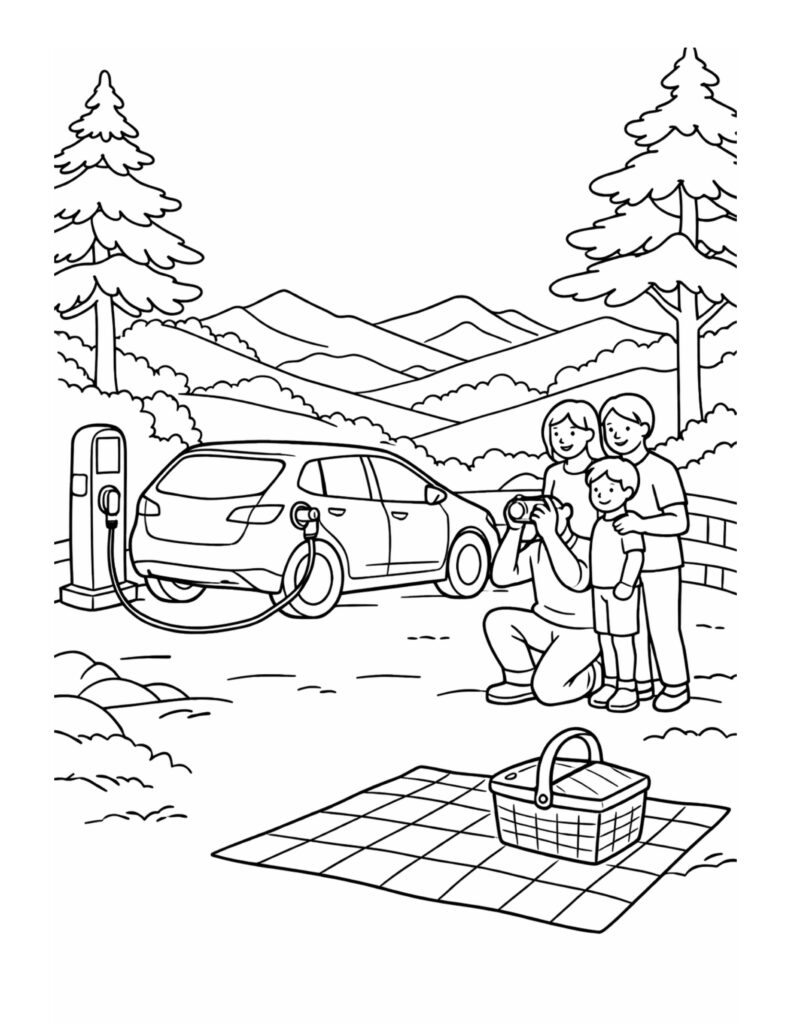 electric car charging picnic coloring page with family posing near a car, picnic blanket, and nature scene coloring page
