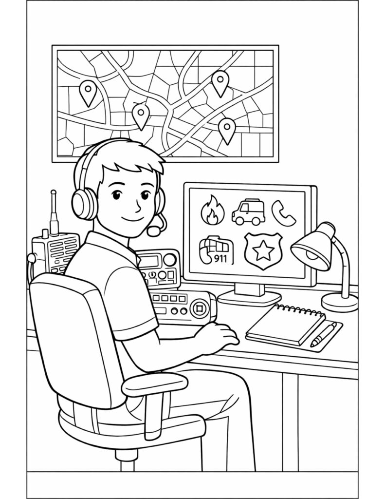 emergency dispatcher at control desk coloring page showing headset operator, city map pins, radio, and 911 screen coloring page