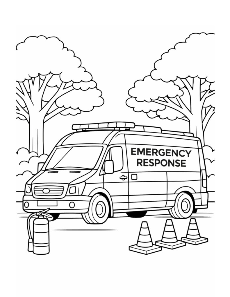 emergency response van parked in park coloring page with cones and safety equipment coloring page