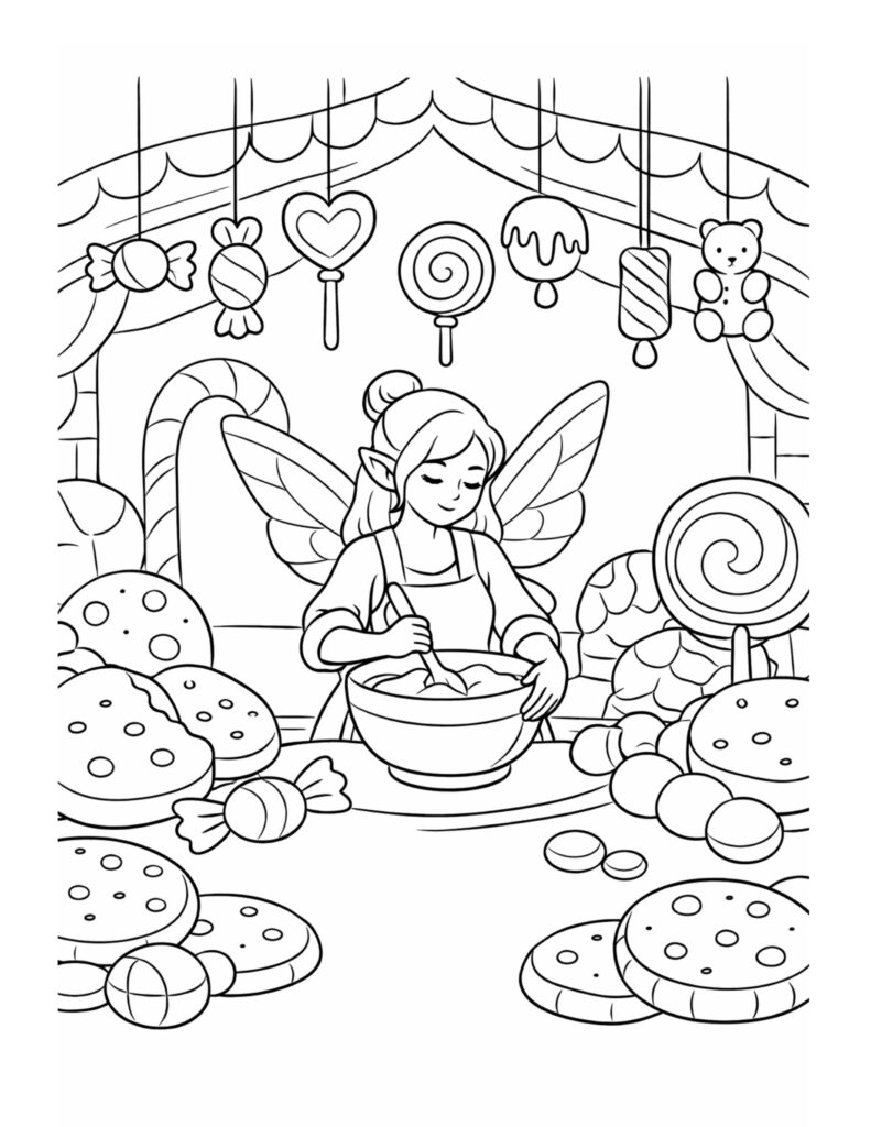 fairy baking sweets coloring page with a fairy mixing treats surrounded by candy