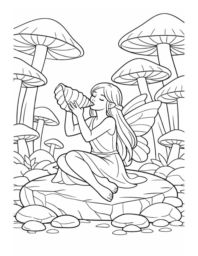 fairy blowing a conch shell coloring page sitting on a rock surrounded by mushrooms coloring page
