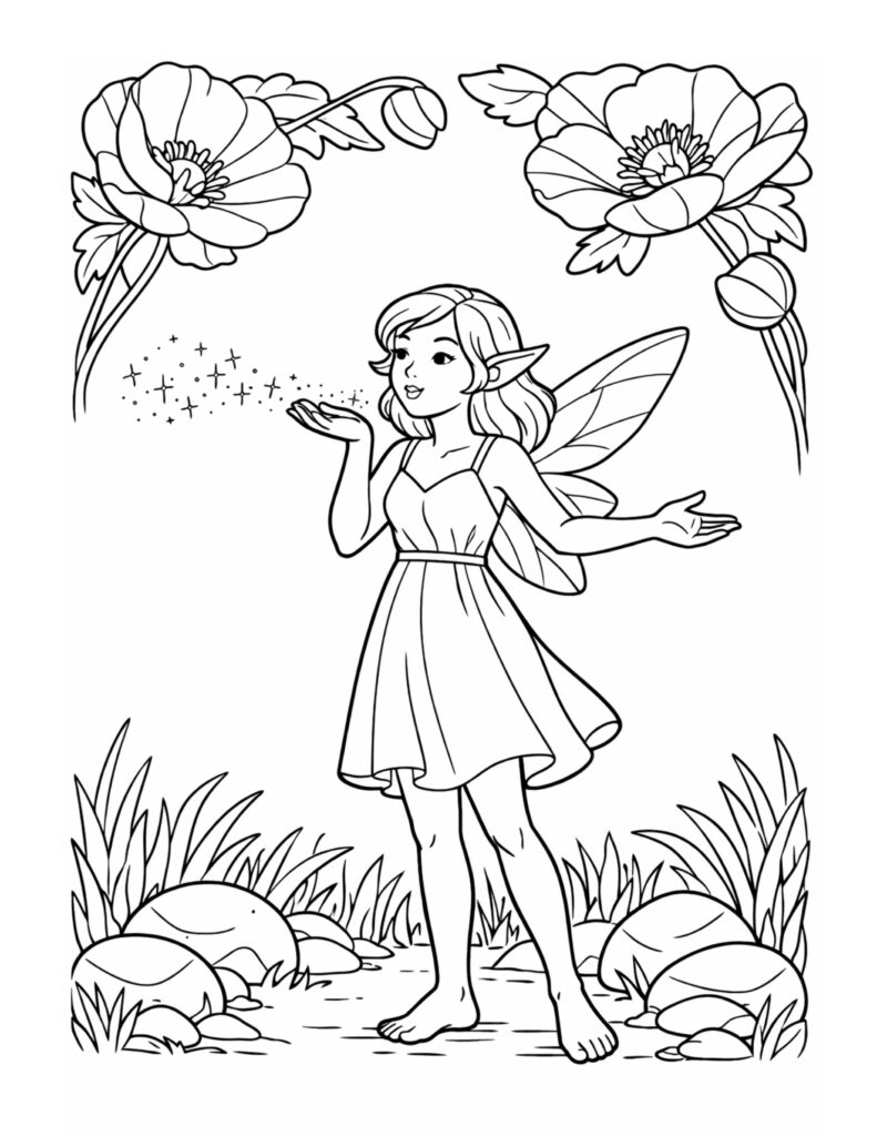 fairy blowing sparkles in meadow coloring page with flowers above, grass and stones, and fairy wings coloring page